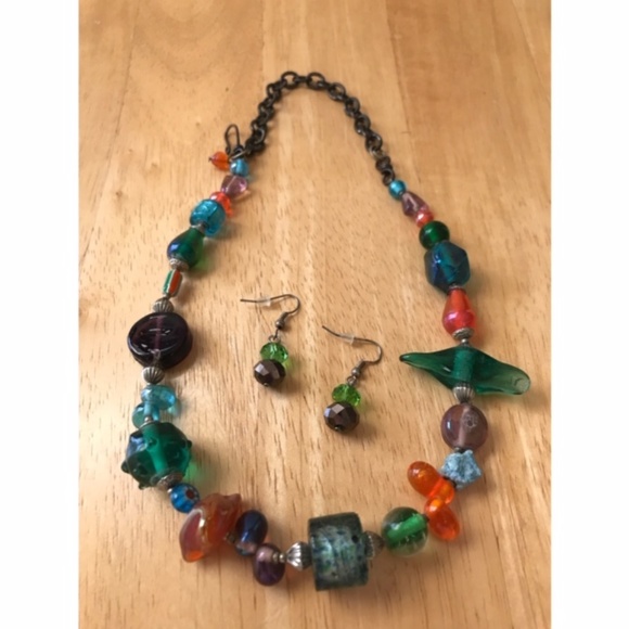 Tribal Glass Beaded Necklace Earrings Set Handmade - Picture 1 of 8